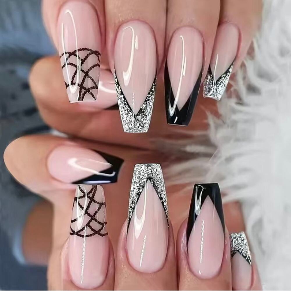 Fishnet Bling Press On Nails 25 Pc Pink Black Silver Sparkle Long Coffin w/Glue
